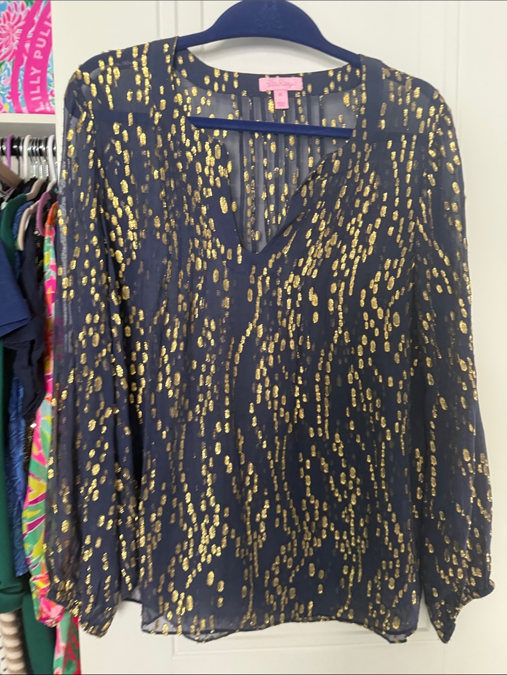 EUC Metallic Dot Navy Long-Sleeve Sheer Blouse by Lilly Pulitzer